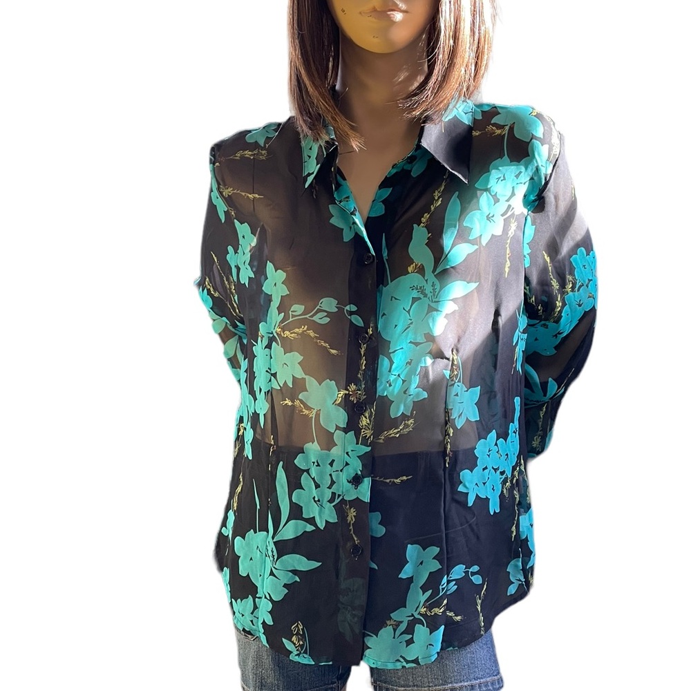 Croft & Barrow Sheer Floral Button Down Tailored Blouse Shirt Size Large